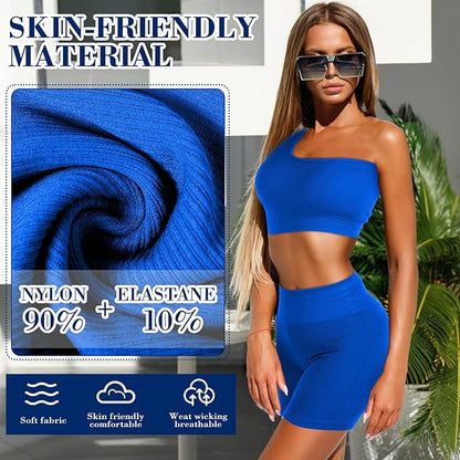 4 Pcs Women's Workout Sets Pilates Exercise Outfit Ribbed Scoop Neck Sports Bra Shorts Leggings Gym Clothes Set