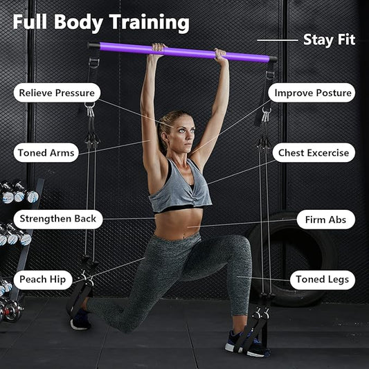 Pilates Bar Kit with Resistance Bands,Pilates Bar with Stackable Bands Workout Equipment for Legs,Hip,Waist and Arm,Exercise Fitness Equipment for Women & Men Home Gym Yoga Pilates