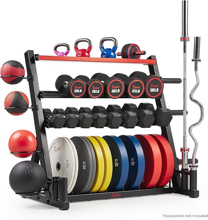 Sunny Health & Fitness Multi-Weight Storage Rack Stand for Dumbbells, Kettlebells, Olympic Weight Plates, Barbell, Medicine Ball