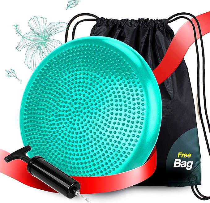 RFAQK Inflated Air Stability Wobble Cushion - Wiggle Seat to Improve Sitting Posture & Attention, Stability Balance Disc for Physical Therapy Exercise [Extra Thick, Pump, Bag, E-Book Included] (Green)