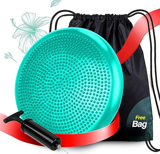 RFAQK Inflated Air Stability Wobble Cushion - Wiggle Seat to Improve Sitting Posture & Attention, Stability Balance Disc for Physical Therapy Exercise [Extra Thick, Pump, Bag, E-Book Included] (Green)