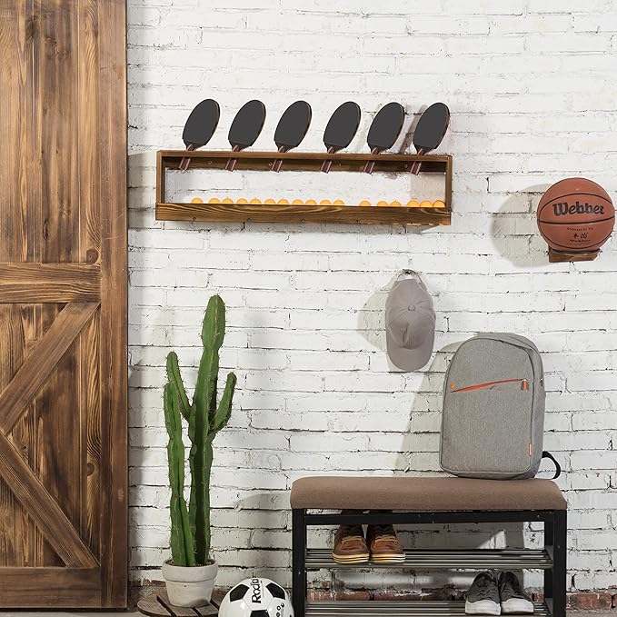 MyGift Wall Mounted Ping Pong Paddle Holder, Burnt Wood Table Tennis Racket Display Rack with Ball Storage Shelf