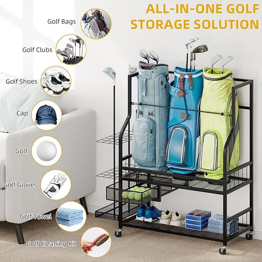 DWVO Golf Bag Organizer for Garage, Golf Storage Organizer w/Wheels for Garage Club and Shed, Golf Bag Storage Rack w/Drawer for Golf Bags, Clubs, Balls and Other Equipment Accessories