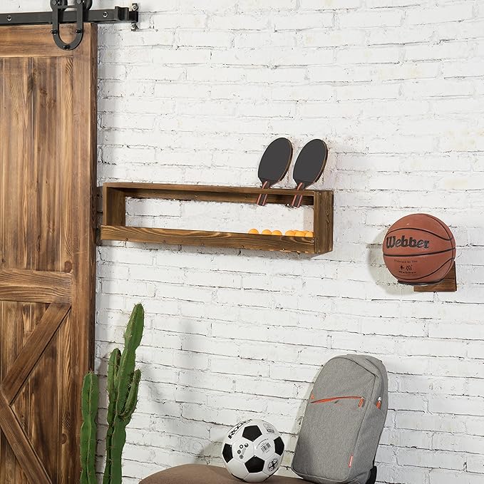 MyGift Wall Mounted Ping Pong Paddle Holder, Burnt Wood Table Tennis Racket Display Rack with Ball Storage Shelf